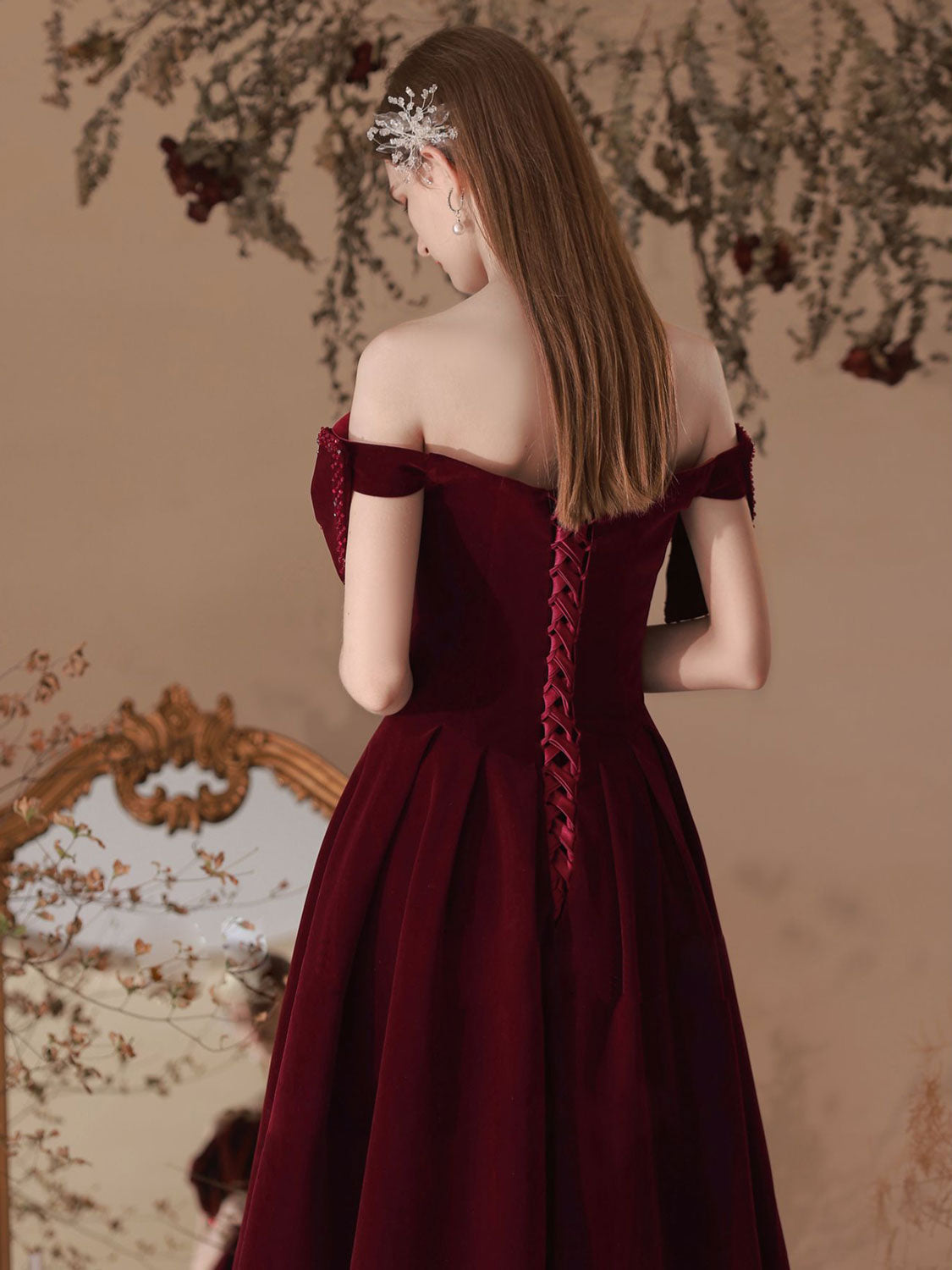 Classy Off The Shoulder Burgundy Velvet Prom Dress Classy Off The Shoulder Burgundy Velvet Prom Dress