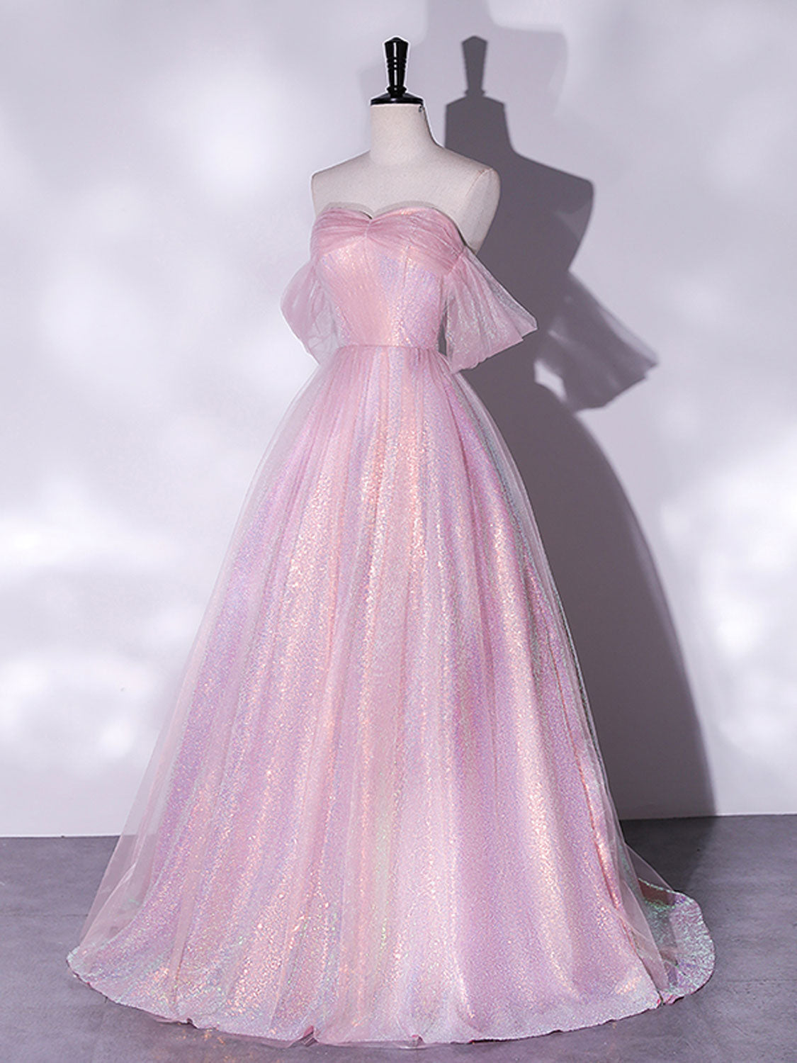 Sweet Off The Shoulder A-Line Pink Prom Dress - DollyGown