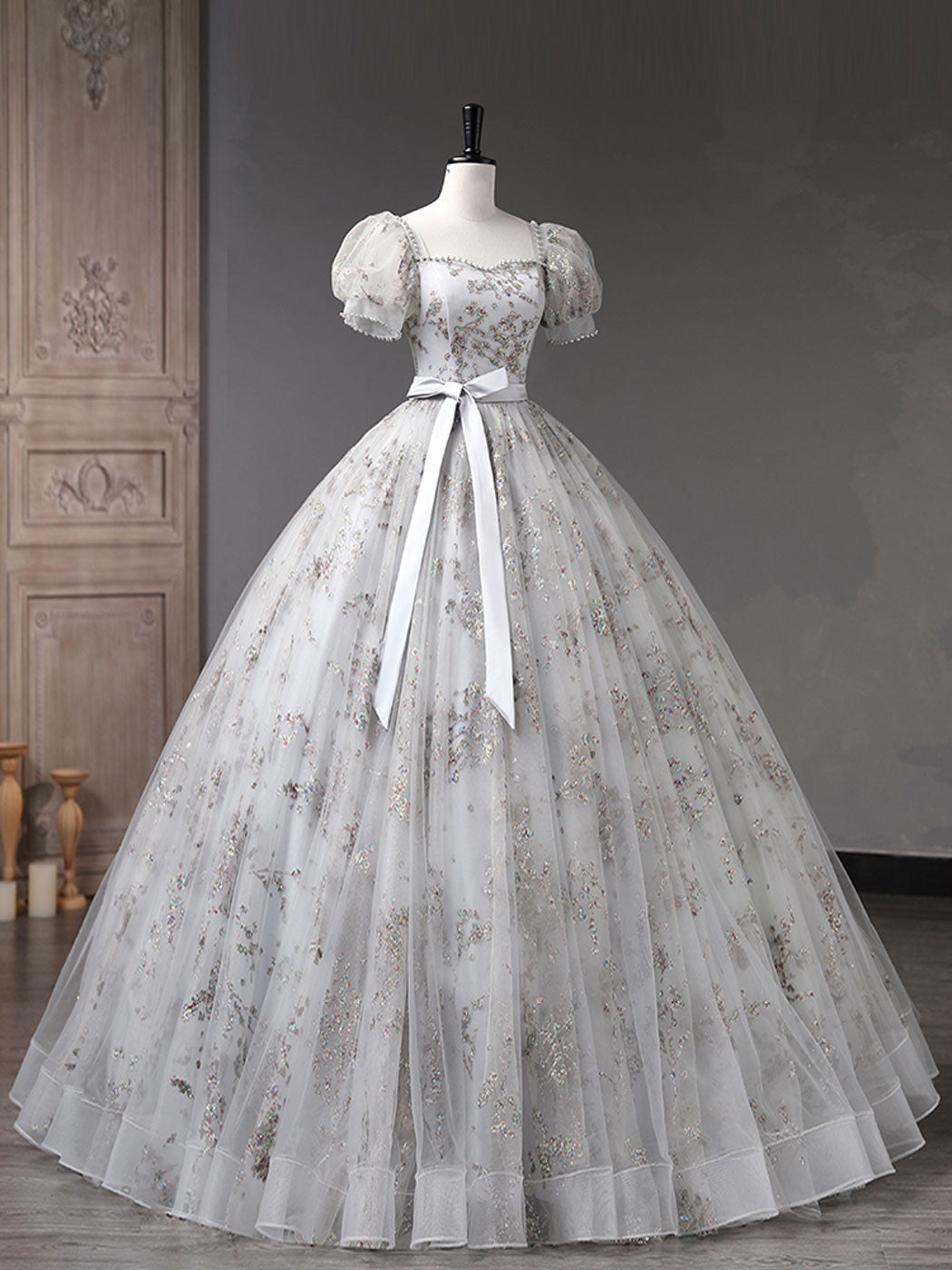 grey lace dress with sleeves Long Silver Lace Dress with Lace Sleeves by Elizabeth K GL1537 XS / Silver