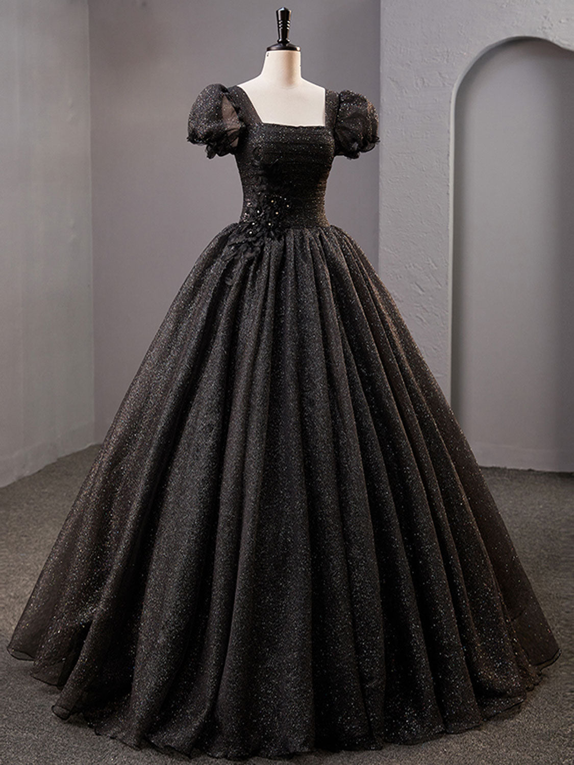 black dresses for sweet 16 party Black Tulle Lace Long Prom Dress, Black Lace Sweet 16 Dress