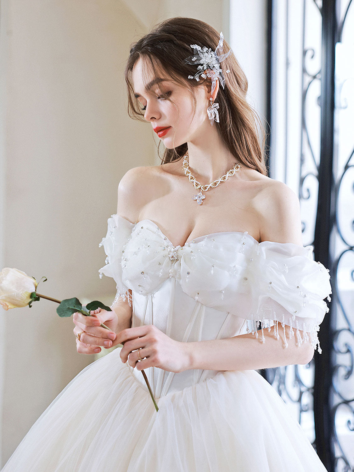 Princess Wedding Dress Lace Long Sleeves High Neck – Lisposa