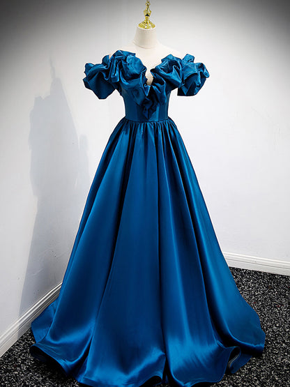 Blue Bubble Off The Shoulder A-line Evening Dress Prom Dress - DollyGown
