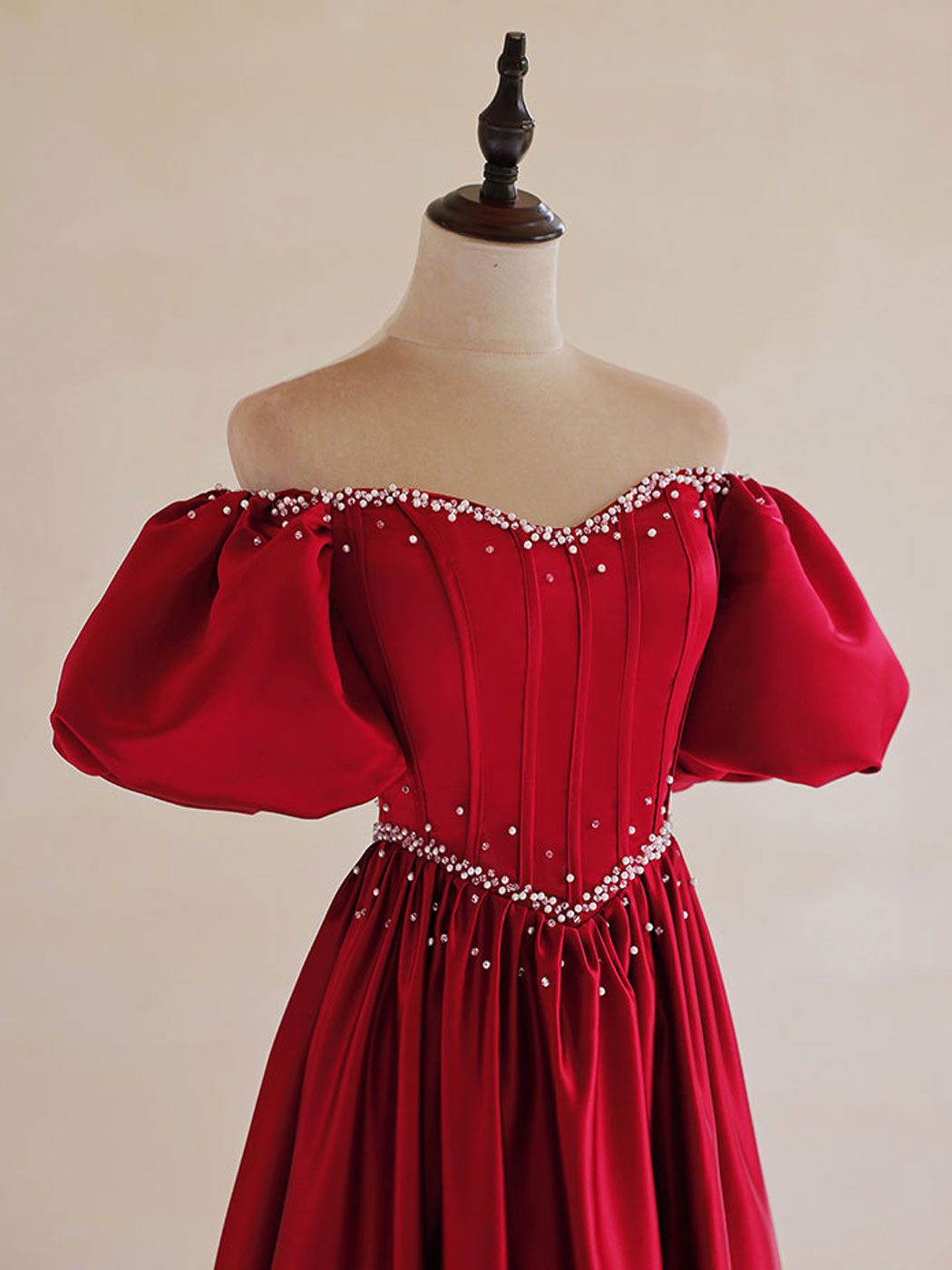 Red Drop Waist Satin Long Prom Dress with Bubble Sleeves - DollyGown