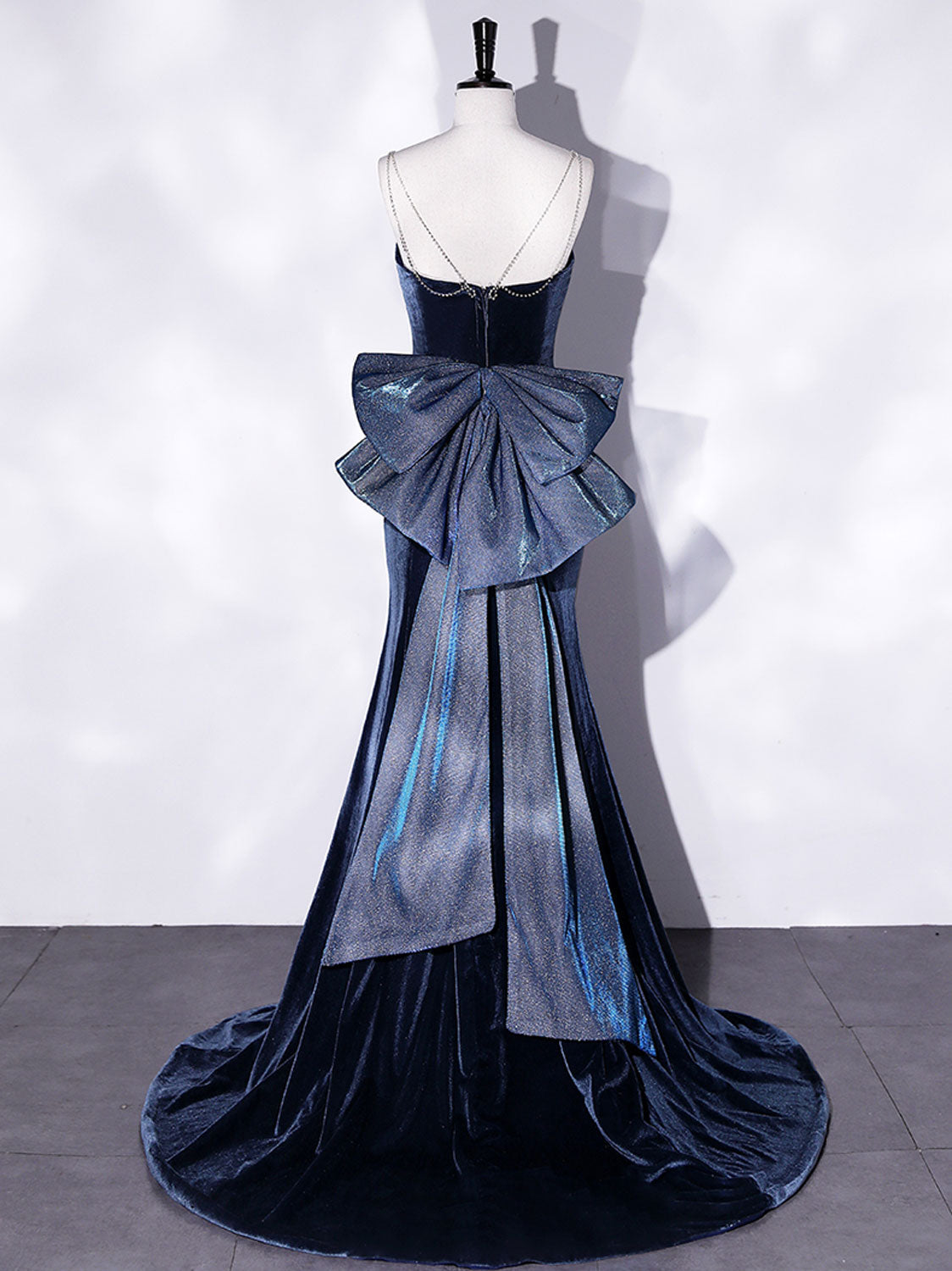 Spaghetti Strap Blue Velvet Mermaid Prom Dress with Big Bow Back Spaghetti Strap Blue Velvet Mermaid Prom Dress with Big Bow Back