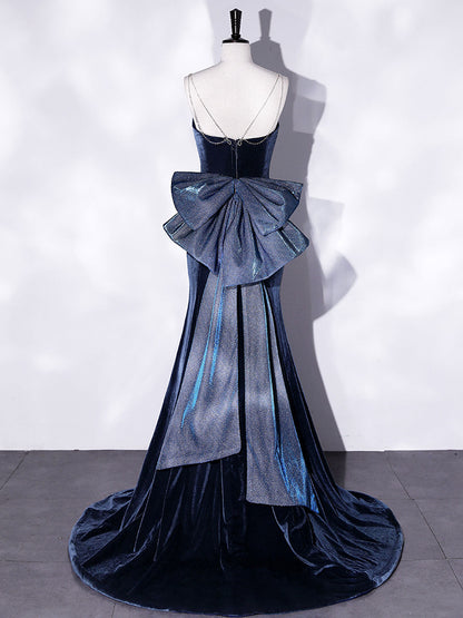 Spaghetti Strap Blue Velvet Mermaid Prom Dress with Big Bow Back - DollyGown