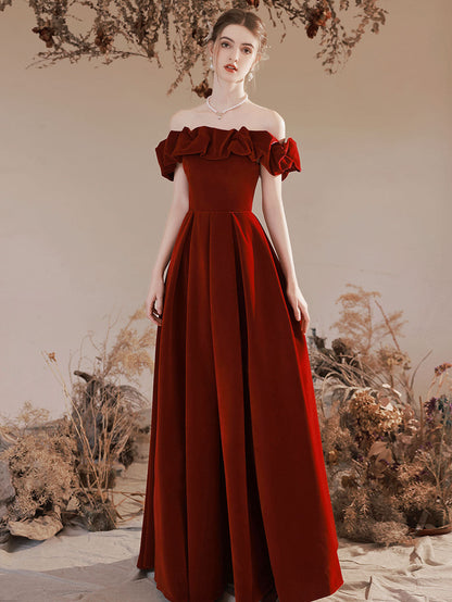 Simple Off The Shoulder Burgundy Velvet Prom Dress Formal Dress - DollyGown