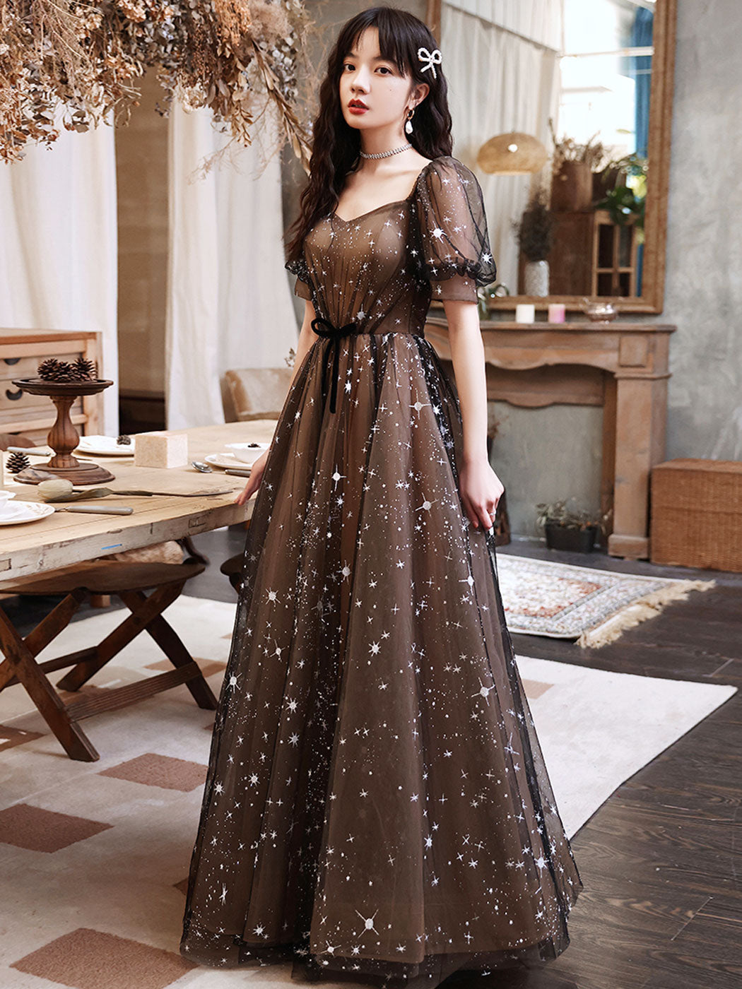 Black Square Neck A-line Long Prom Dress Formal Dress with Short Sleeves Black Square Neck A-line Long Prom Dress Formal Dress with Short Sleeves