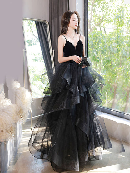 Black Spaghetti Strap Ruffle Skirt Tiered Prom Dress - DollyGown