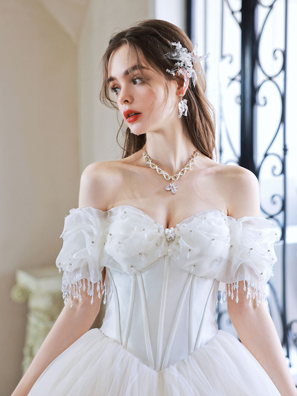 princess off shoulder dress Off-The Shoulder Princess Wedding Dress with Removable Sleeves EU42