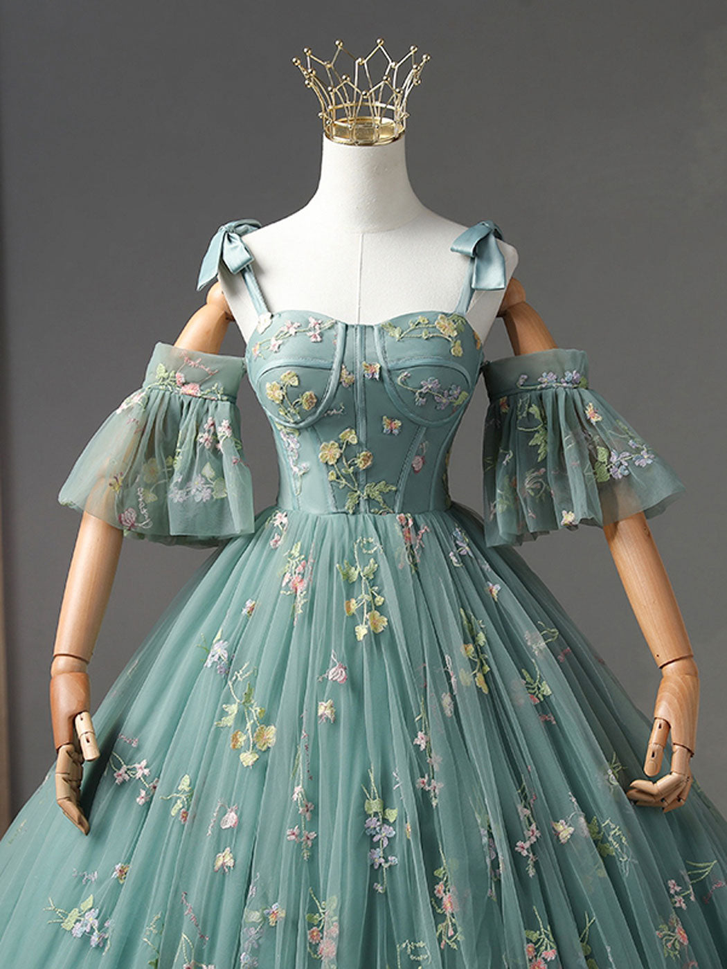 Modern Turquoise Organza Short Sleeve Puffy Formal Dress - Promfy