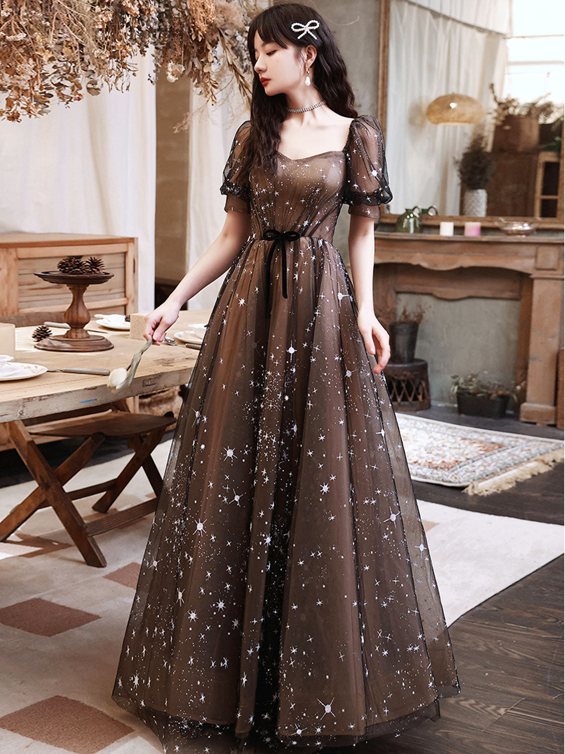 square neck prom dress A-line Neckline Floor-length Chiffon With Beading Baobabs shines among formal dresses with her dreamy elegance and refined simplicity Emerald Green Square Neck Ruffle