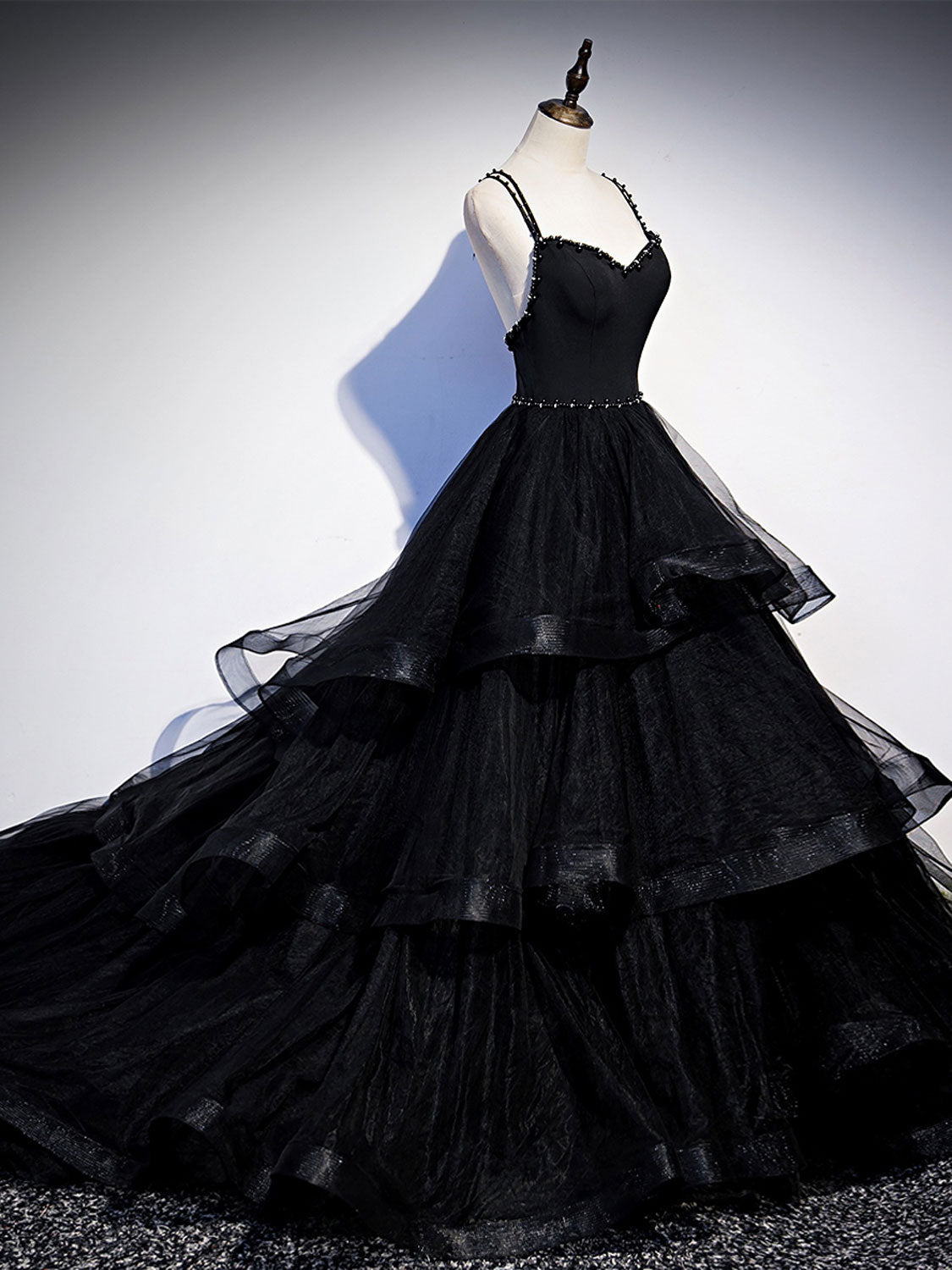 Black Spaghetti Strap Tiered Prom Dress Formal Dress - DollyGown