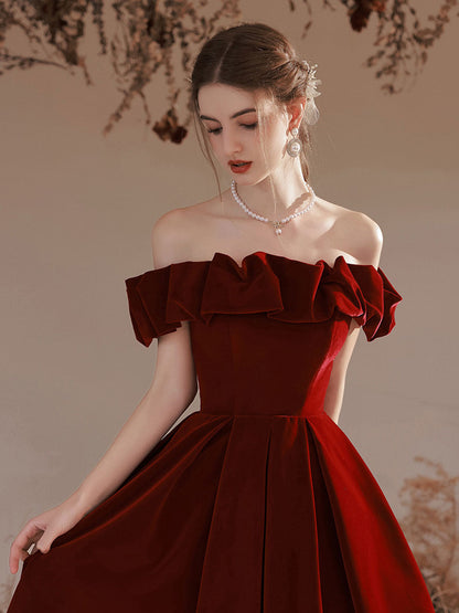 Simple Off The Shoulder Burgundy Velvet Prom Dress Formal Dress - DollyGown