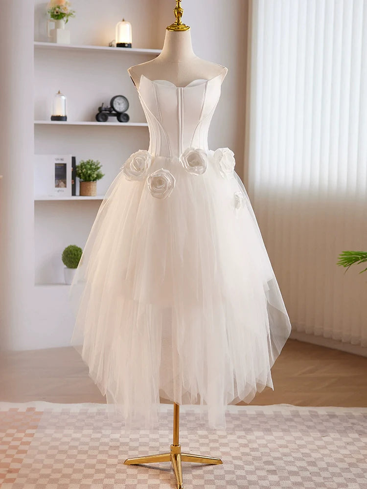 Strapless High Low White Homecoming Dress Trimmed with Flowers - DollyGown