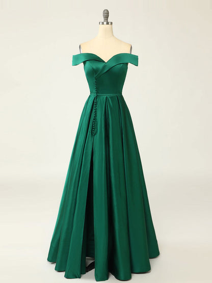 Overlap Neck Satin Emerald Green A-line Long Prom Dress Formal Party Dress - DollyGown