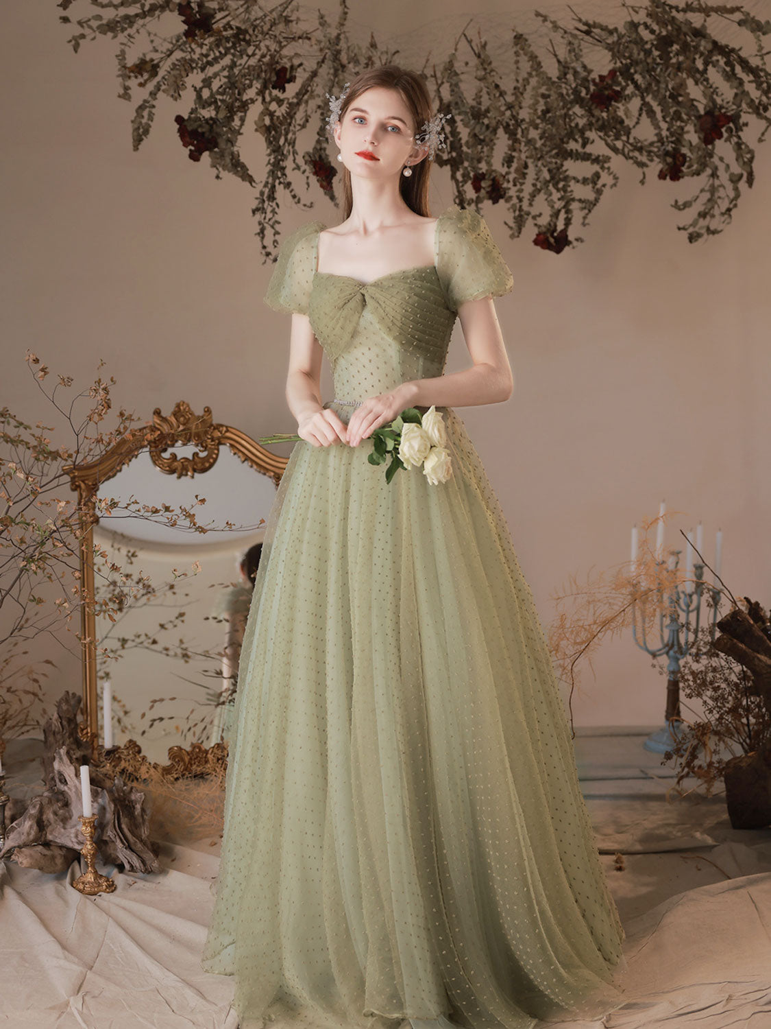 Sage Green Tulle Long Square Neck Illusion Prom Dress - DollyGown