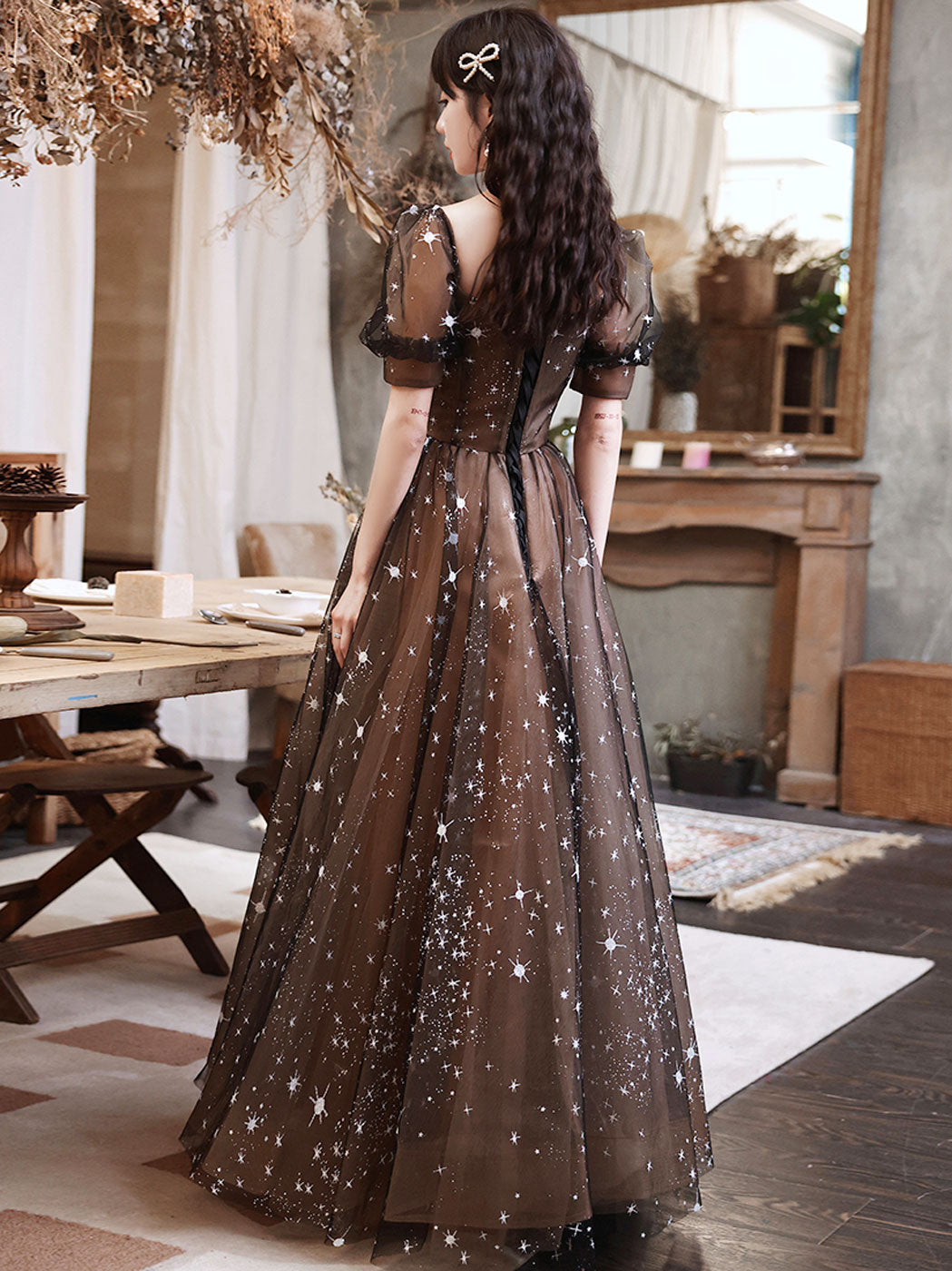 Black Square Neck A-line Long Prom Dress Formal Dress with Short Sleeves Black Square Neck A-line Long Prom Dress Formal Dress with Short Sleeves