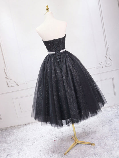 Delicate Black Strapless Tulle Short Prom Dress- DollyGown