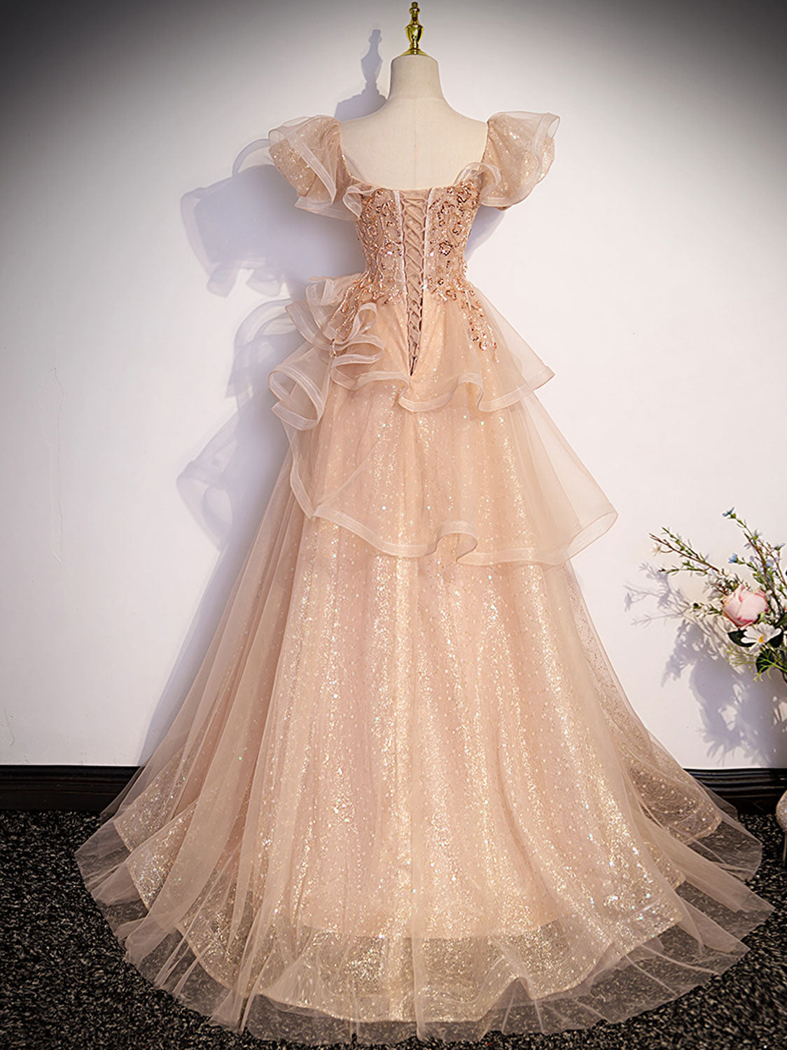 Asymmetrical Queen Anne Neck Champagne Lace Prom Dress - DollyGown