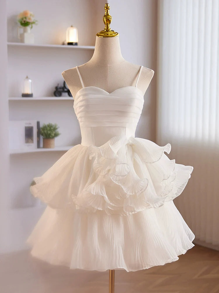 Adorable Spaghetti Strap Organza Tiered Short White Homecoming Dress Formal Dress - DollyGown