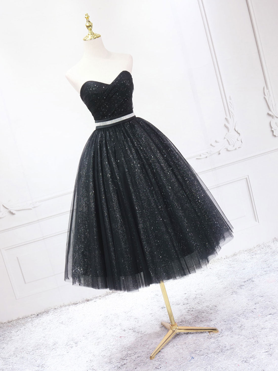 Delicate Black Strapless Tulle Short Prom Dress- DollyGown