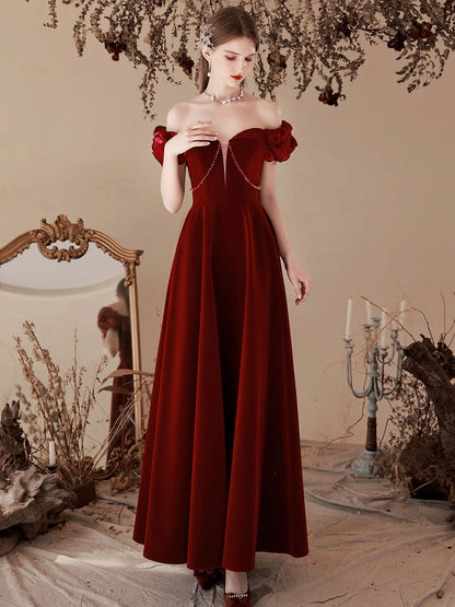Delicate Maroon Velvet Off The Shoulder Prom Dress Grauduation Dress - DollyGown