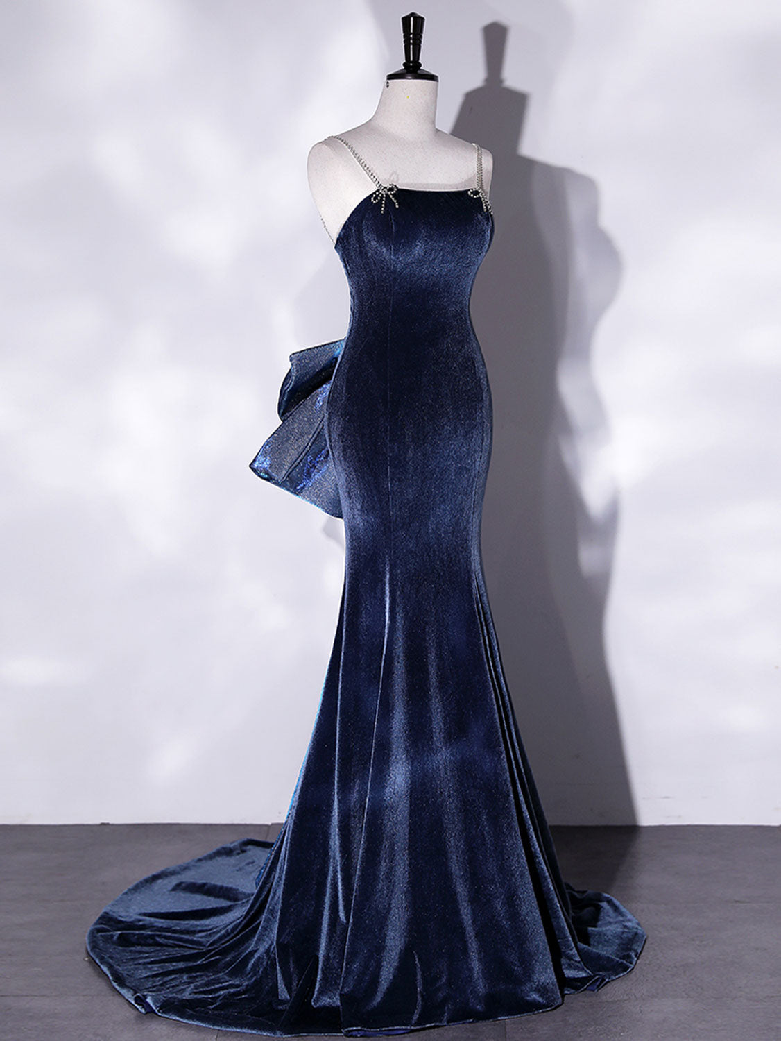 Spaghetti Strap Blue Velvet Mermaid Prom Dress with Big Bow Back Spaghetti Strap Blue Velvet Mermaid Prom Dress with Big Bow Back