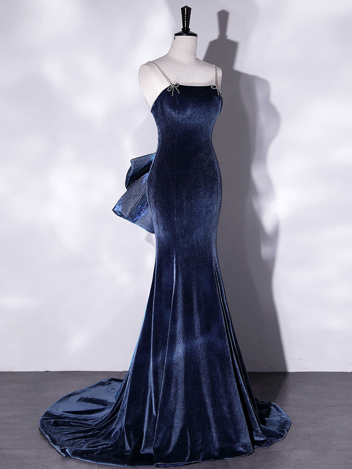 Spaghetti Strap Blue Velvet Mermaid Prom Dress with Big Bow Back