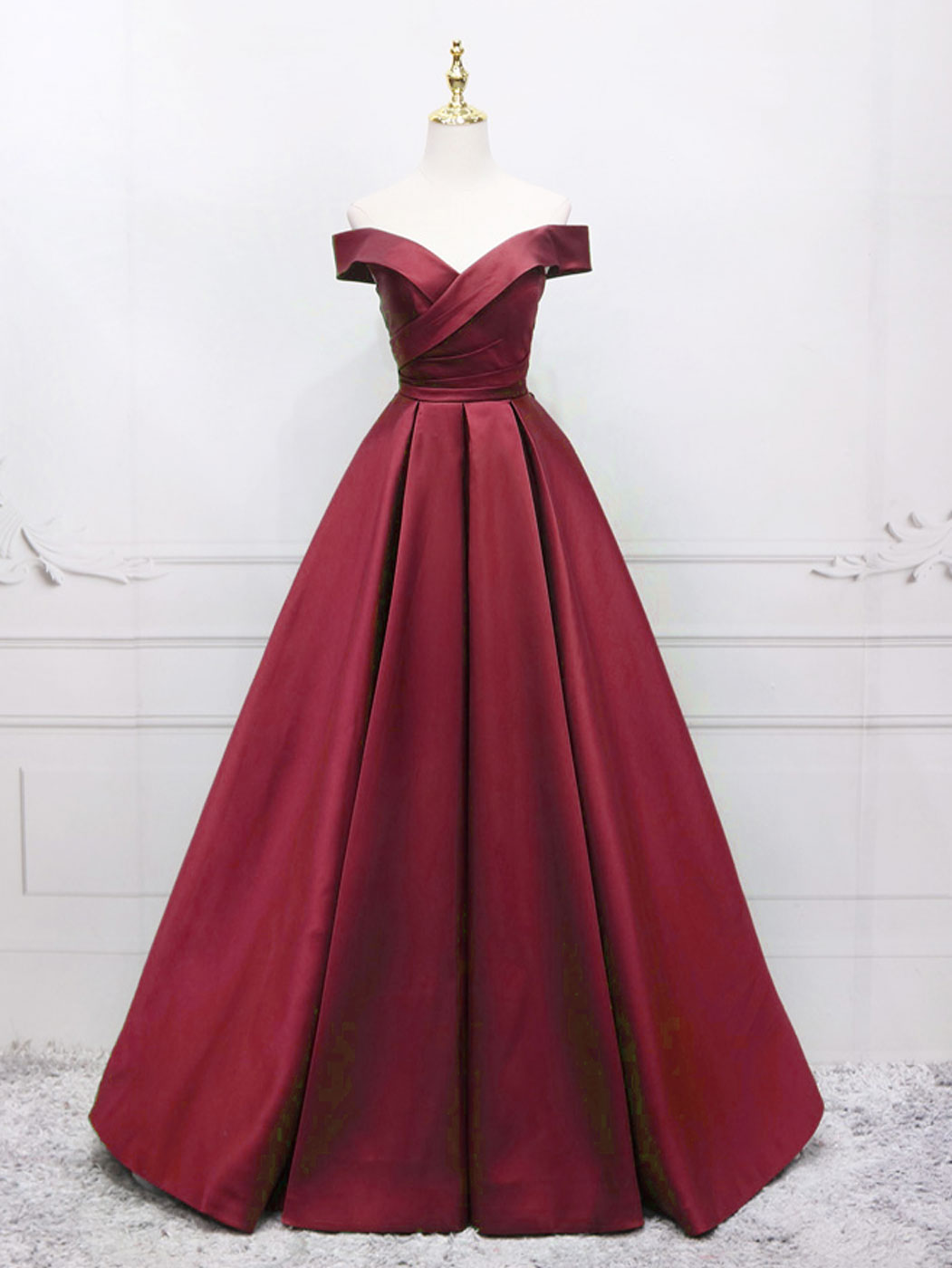 Classy Burgundy Off The Shoulder Ball Gown Formal Dress Prom Dress - DollyGown