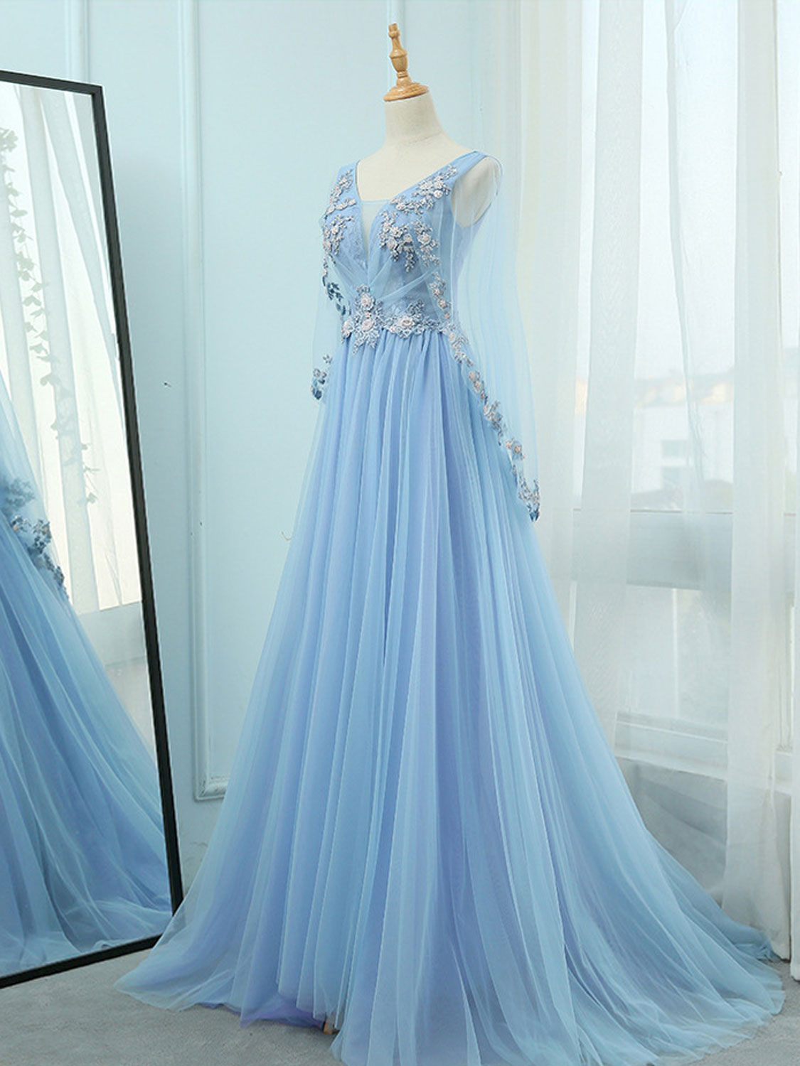 Sky Blue V Neck A-line Long Prom Dress with Long Sleeves Sky Blue V Neck A-line Long Prom Dress with Long Sleeves