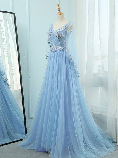 Sky Blue V Neck A-line Long Prom Dress with Long Sleeves - DollyGown