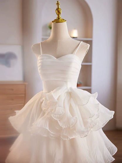 Adorable Spaghetti Strap Organza Tiered Short White Homecoming Dress Formal Dress - DollyGown