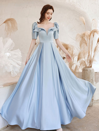Sky Blue Short Sleeve Satin A-line Prom Dress Graduation Dress - DollyGown