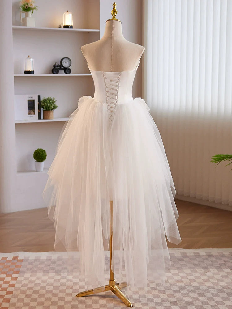 Strapless High Low White Homecoming Dress Trimmed with Flowers - DollyGown