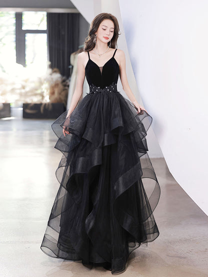 Black Spaghetti Strap Ruffle Skirt Tiered Prom Dress - DollyGown