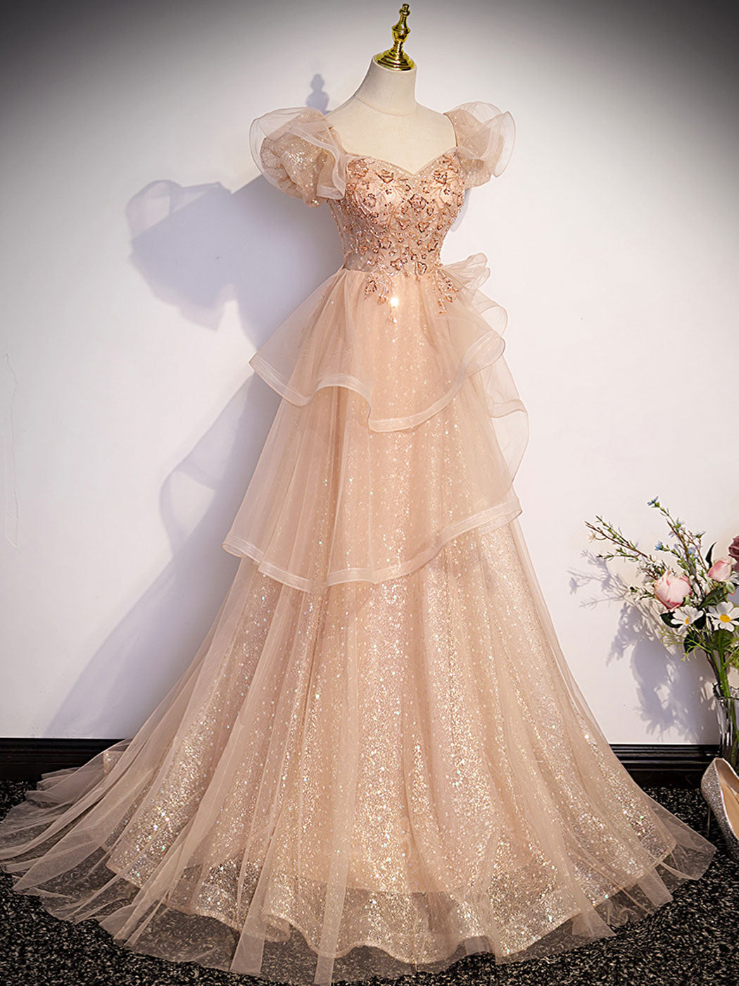 Sweet Asymmetrical Queen Anne Neck Champagne Lace Prom Dress Sweet Asymmetrical Queen Anne Neck Champagne Lace Prom Dress
