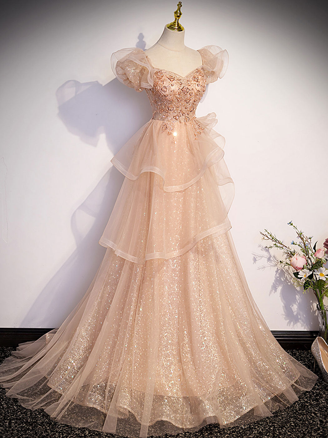 Asymmetrical Queen Anne Neck Champagne Lace Prom Dress - DollyGown