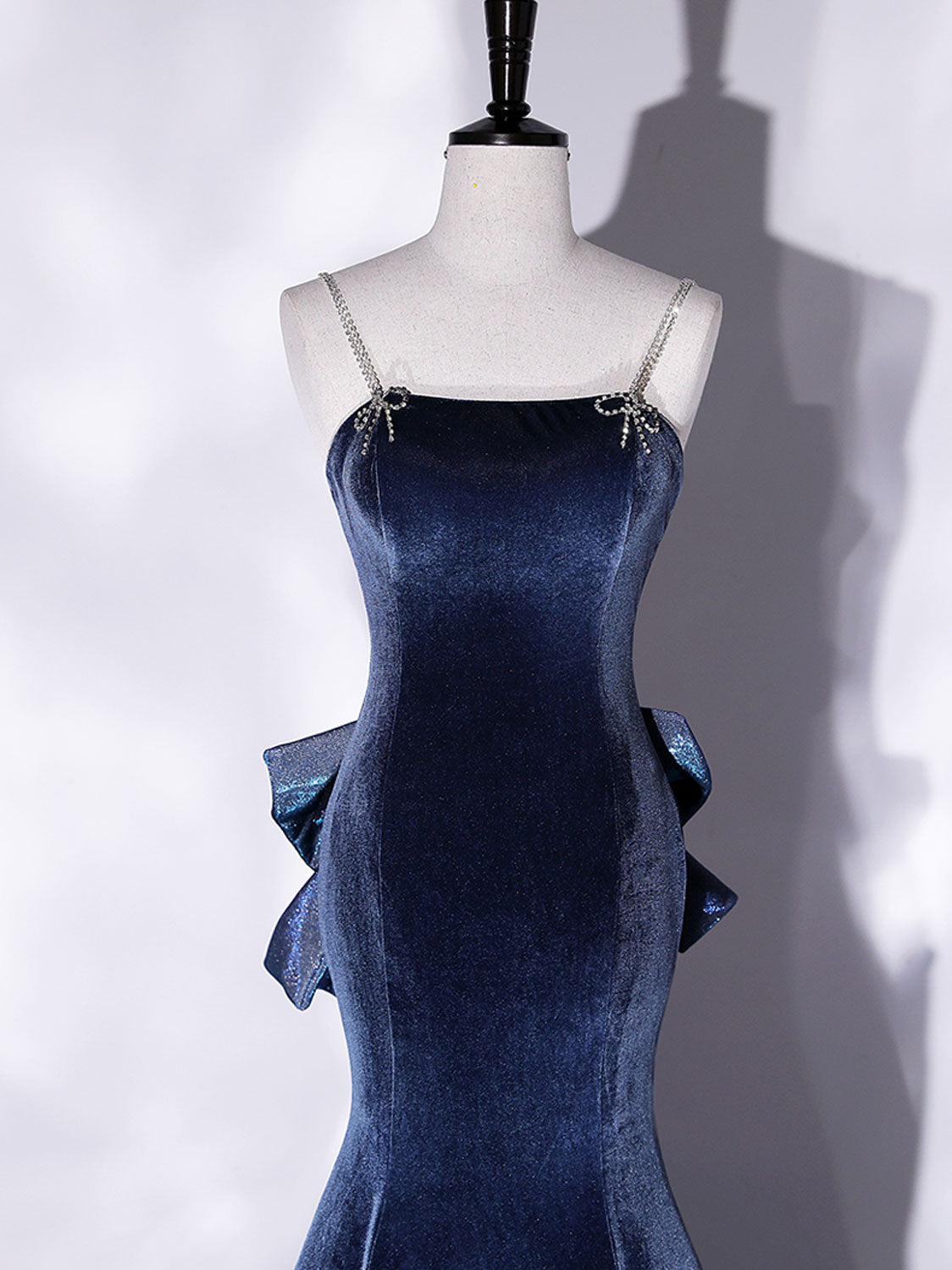 Spaghetti Strap Blue Velvet Mermaid Prom Dress with Big Bow Back Spaghetti Strap Blue Velvet Mermaid Prom Dress with Big Bow Back