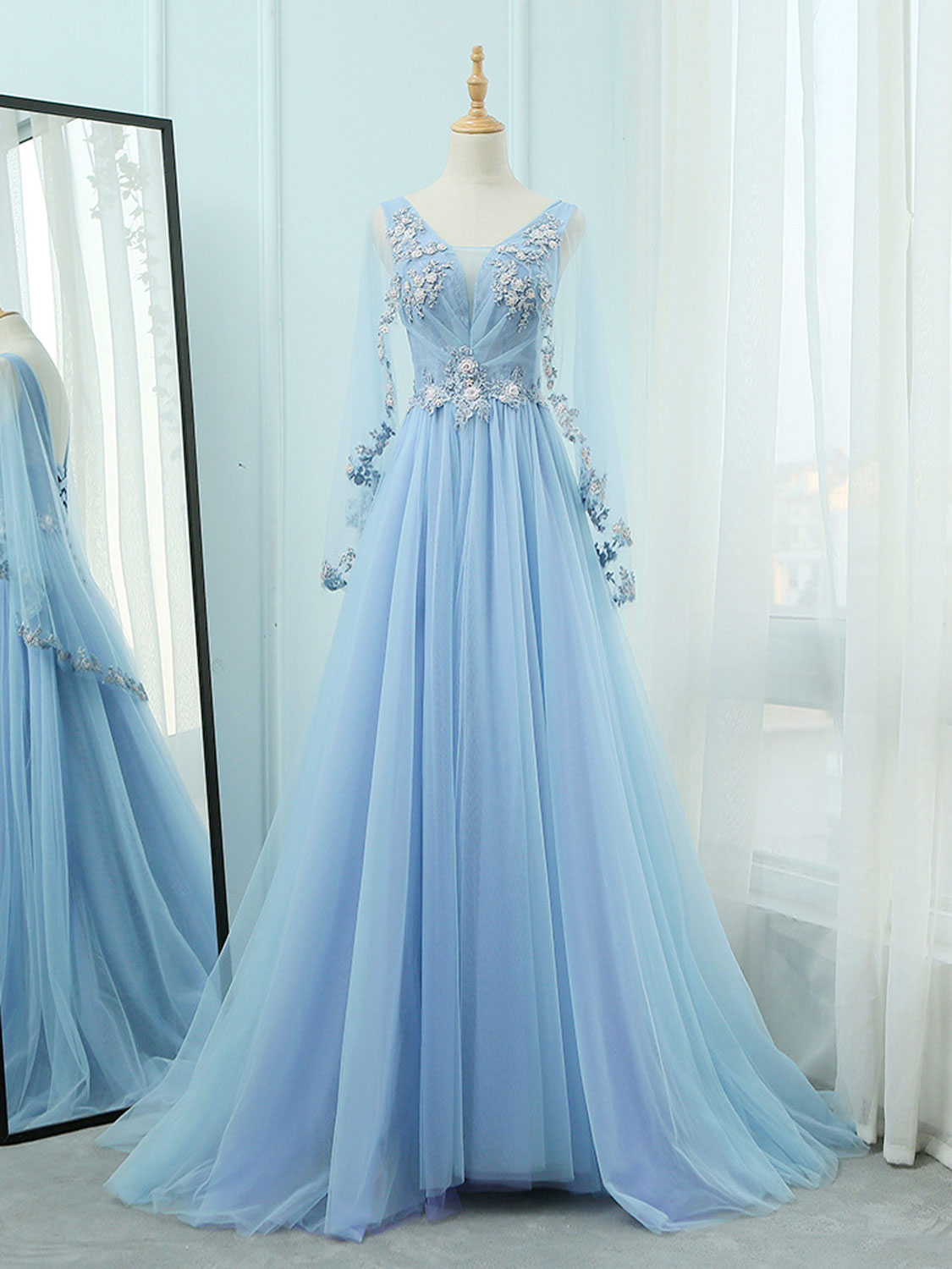 Sky Blue V Neck A-line Long Prom Dress with Long Sleeves - DollyGown
