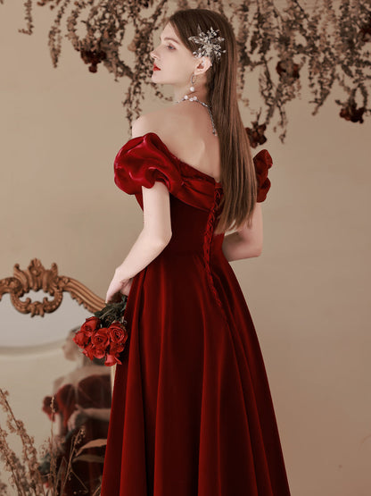Delicate Maroon Velvet Off The Shoulder Prom Dress Grauduation Dress - DollyGown