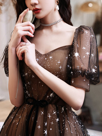 Black Square Neck A-line Long Prom Dress Formal Dress with Short Sleeves - DollyGown