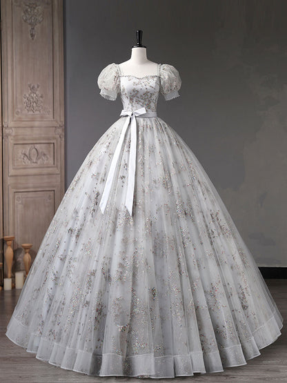 Silver Grey Square Neck Lace Ball Gown Quinceanera Dress with Short Sleeves - DollyGown