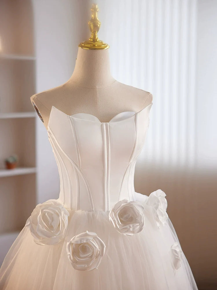 Strapless High Low White Homecoming Dress Trimmed with Flowers Strapless High Low White Homecoming Dress Trimmed with Flowers