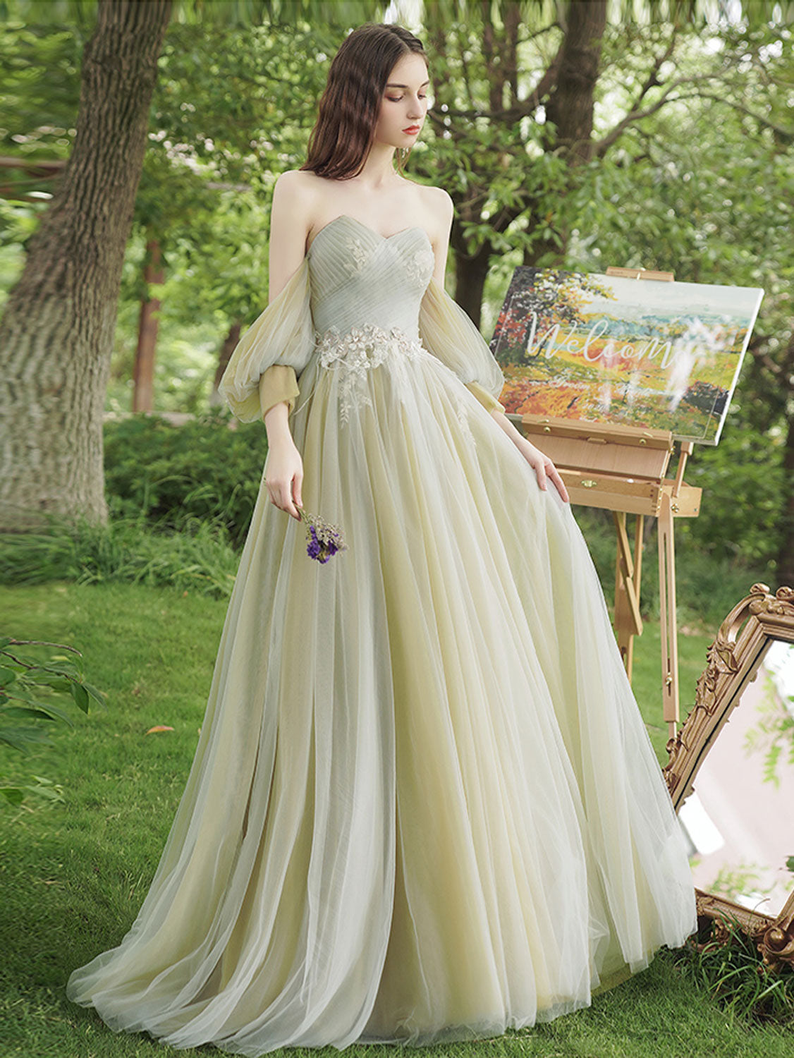 Casual Sage Green Off The Shoulder Tulle Boho Prom Dress - DOllyGown