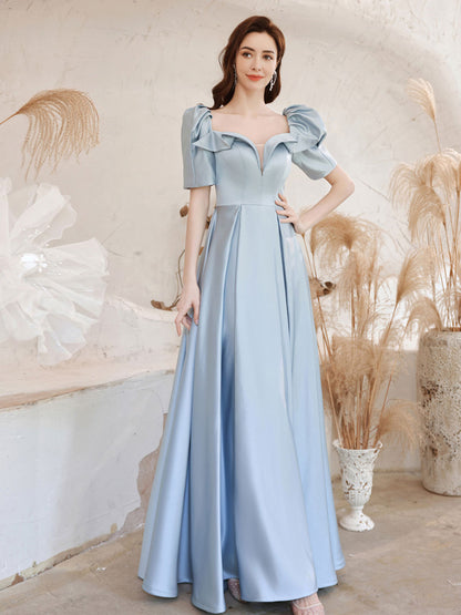 Sky Blue Short Sleeve Satin A-line Prom Dress Graduation Dress - DollyGown