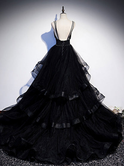 Black Spaghetti Strap Tiered Prom Dress Formal Dress - DollyGown