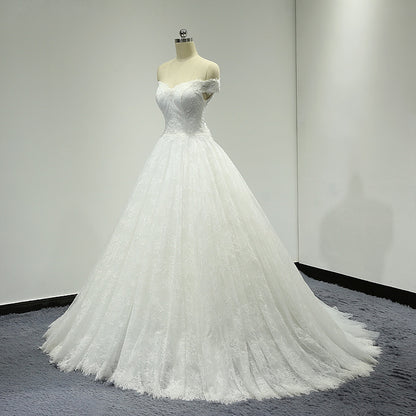 Off Shoulder Ball Gown Lace Wedding Dress with Handmade Flower at Back #21011207-Dolly Gown