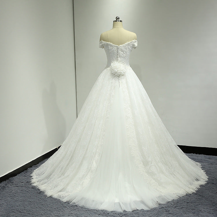 Off Shoulder Ball Gown Lace Wedding Dress with Handmade Flower at Back #21011207-Dolly Gown