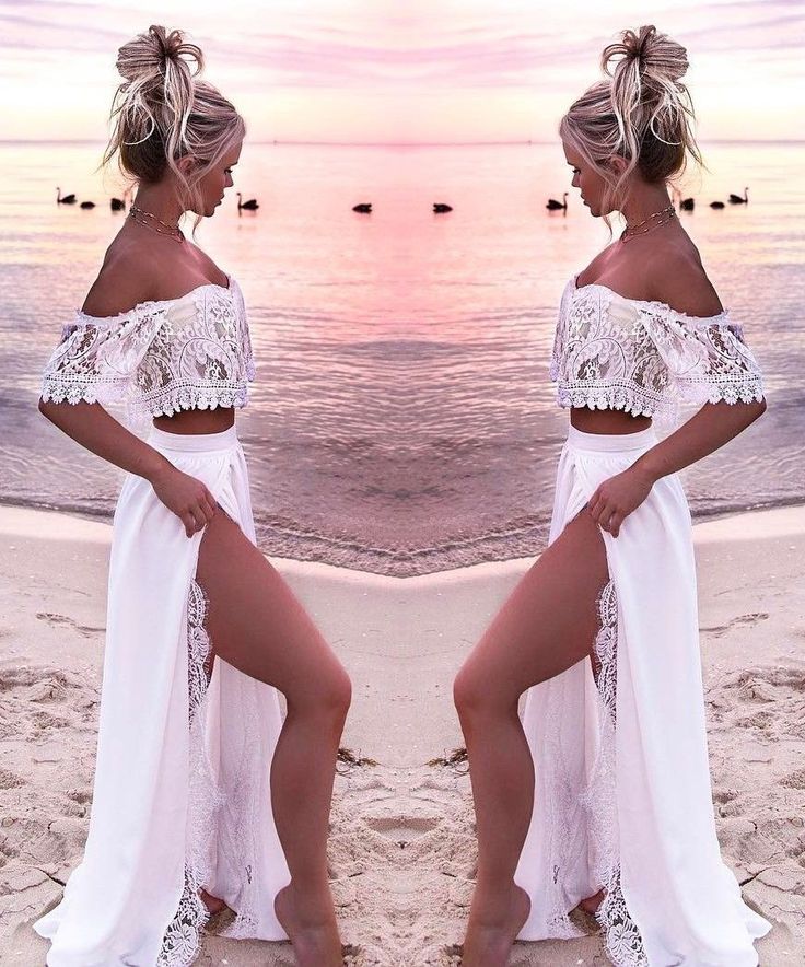 Off Shoulder Lace Beach Two Piece Wedding Dress - DollyGown