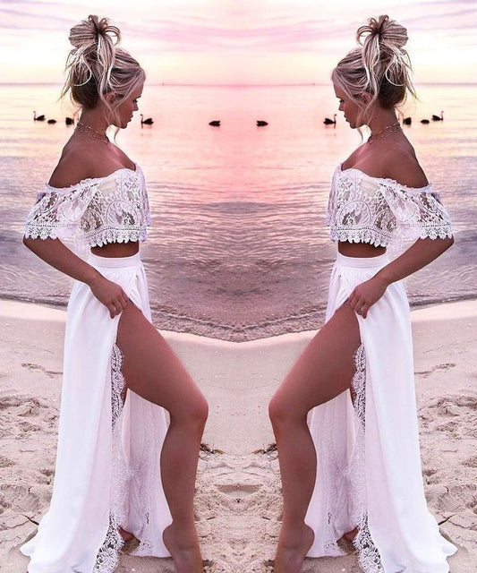 Off Shoulder Lace Beach Two Piece Wedding Dress - DollyGown